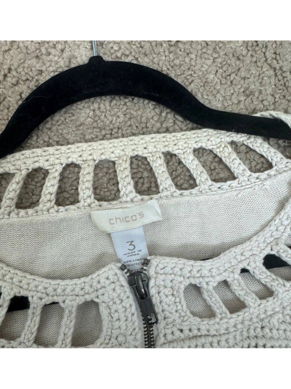 Chico’s Size 3 | Cream Crochet Zip Front Sweater Jacket - Picture 5 of 6